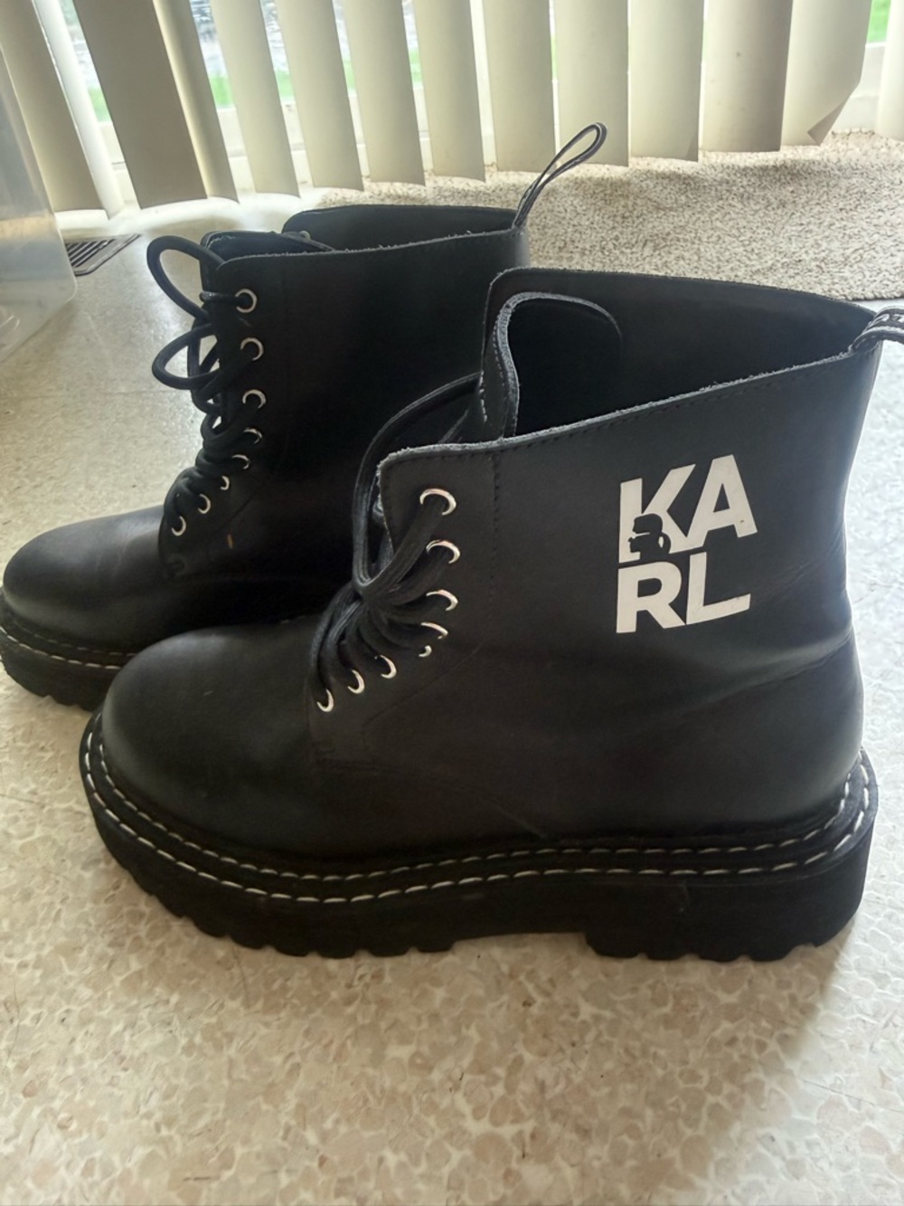 Karl Lagerfeld Black Leather Lace-Up Boots with White Logo Pull-Tab